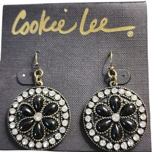 Cookie Lee Brass Tone Rhinestone Black Floral Earrings